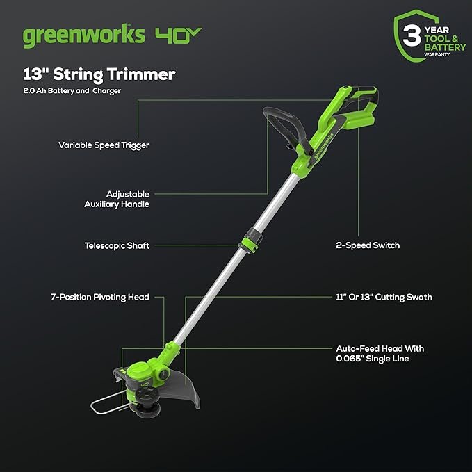 Greenworks 40V 13-Inch Cordless String Trimmer / Edger (Gen 2) – Lightweight, Tool-Free Conversion, 7-Position Pivoting Head 5 E3 Pet Life Collective
