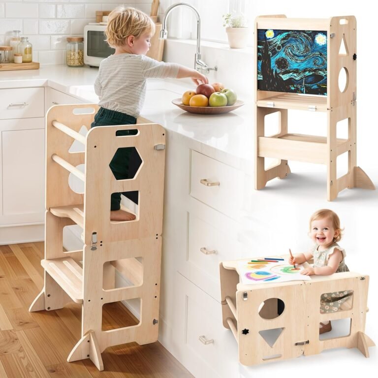 4-in-1 Toddler Kitchen Chair, Folding Standing Learning Tower with Chalkboard, Wooden Kitchen Chair Helper for Children Aged 1-3 Years 1 ss1 Pet Life Collective